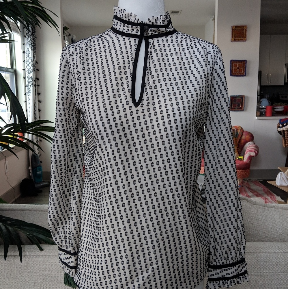 J Crew Mockneck Black and White Blouse